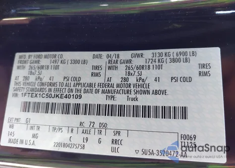 2018 Ford F-150 Xlt from USA, damaged, VIN 1FTEX1C50JKE40109